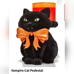 NWT BBW Vampire Black Cat Pedestal 3-Wick Candle Holder Flocked w/Orange Bow
